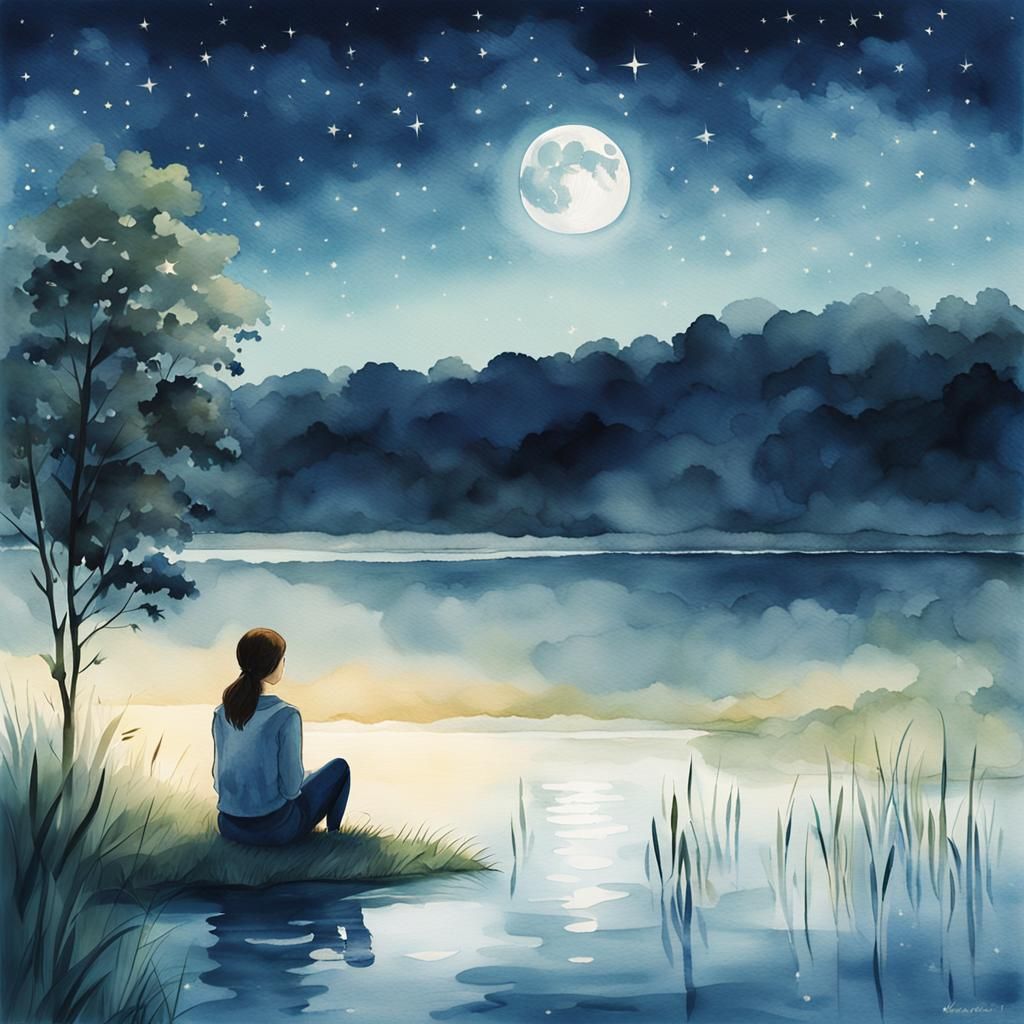 Moonlit Lake Reflection in Watercolor Style