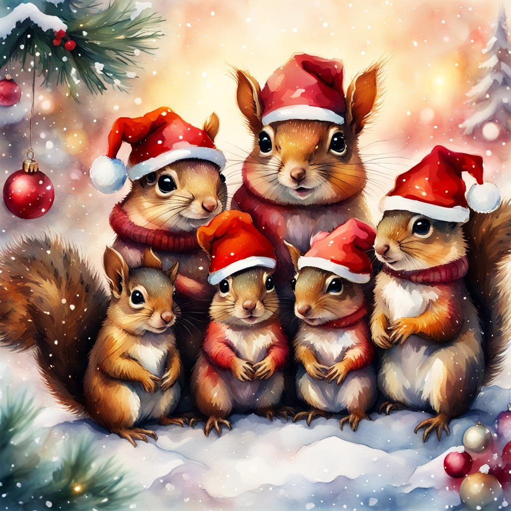 Chibi Squirrels Celebrate Christmas in Watercolor Style