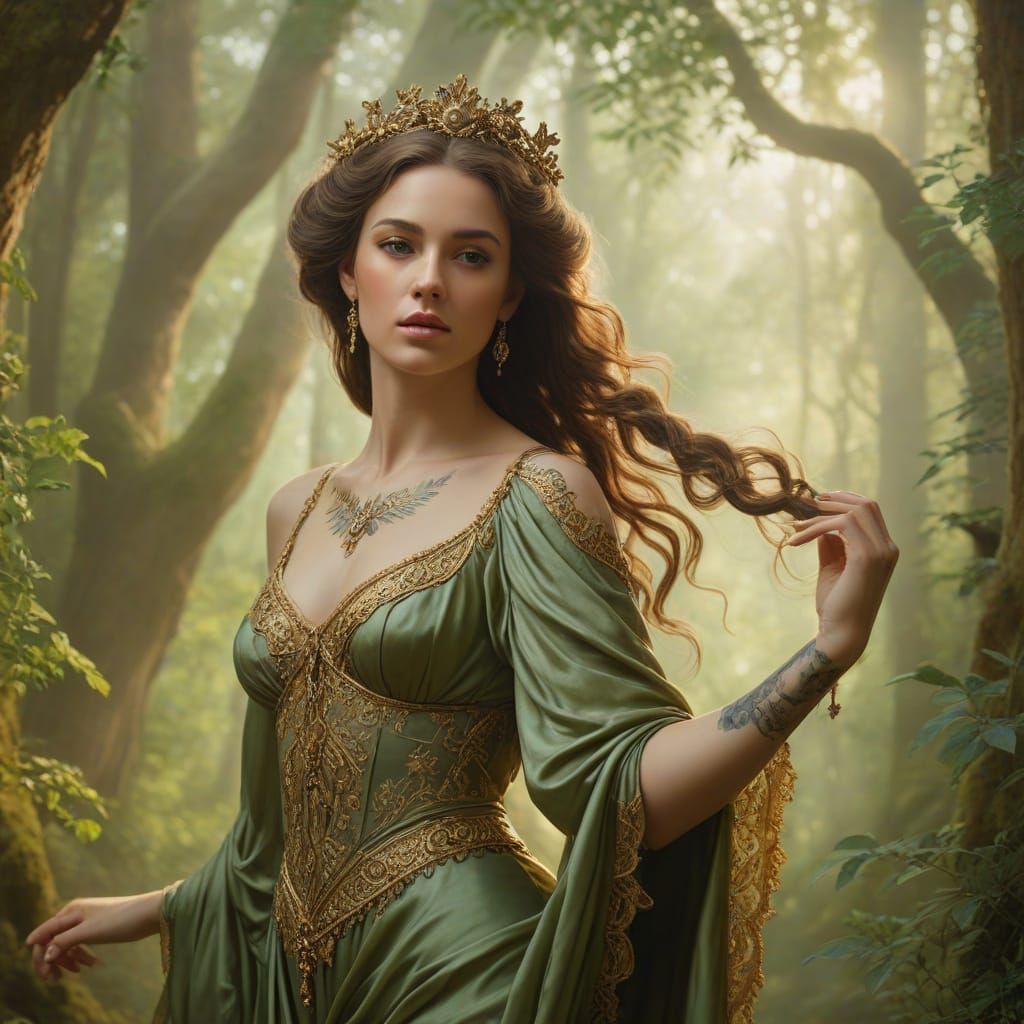 Baroque Goddess in Forest with Golden Accents