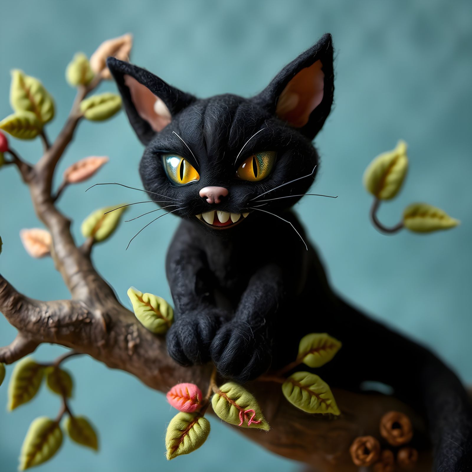 Whimsical Felted Cheshire Cat in Wonderland Scene