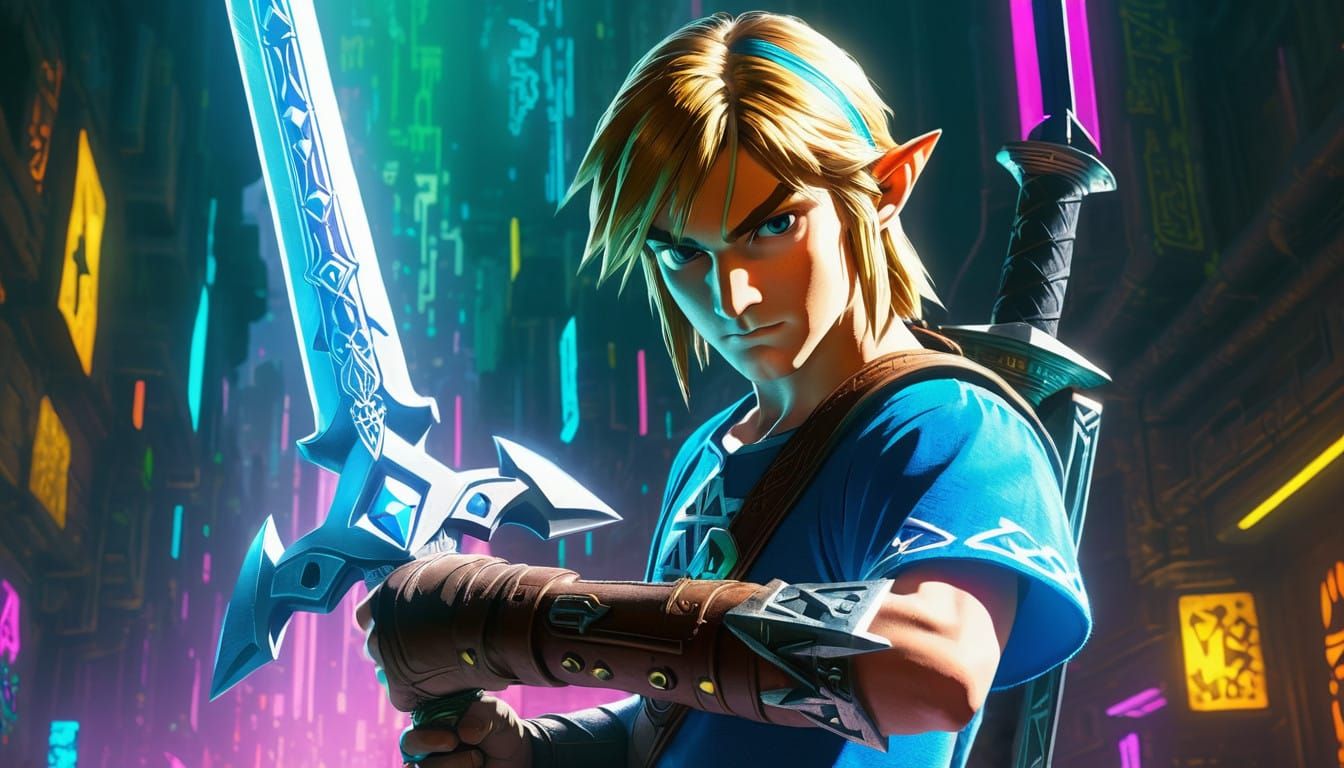 Heroic Link in Cyberpunk Hyrule