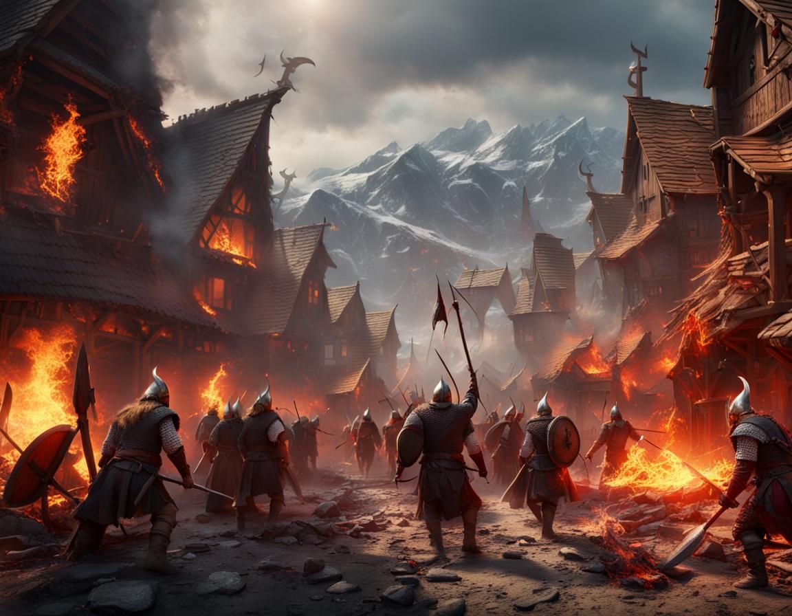 Viking Village Attack in Vivid Fantasy Art