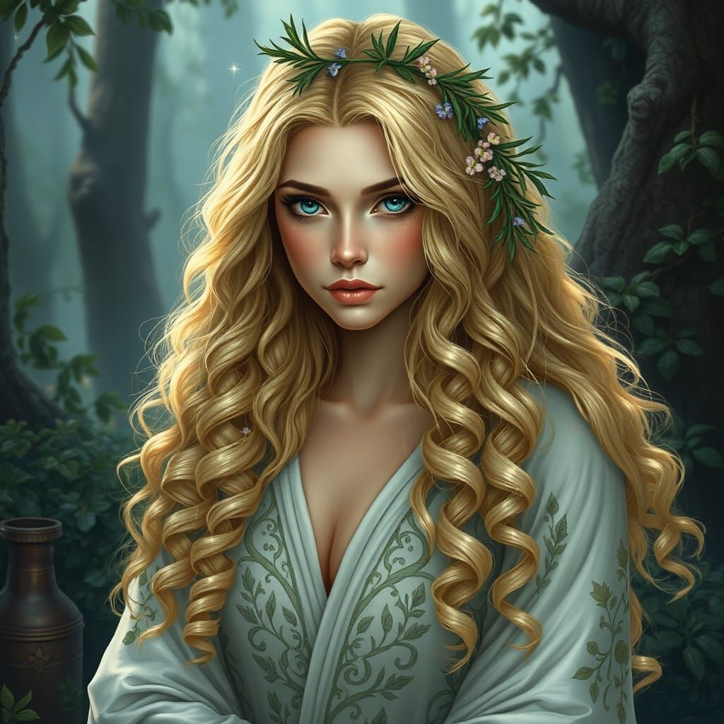 Mystical Pagan Goddess with Quiet Confidence and Ancient Wis...