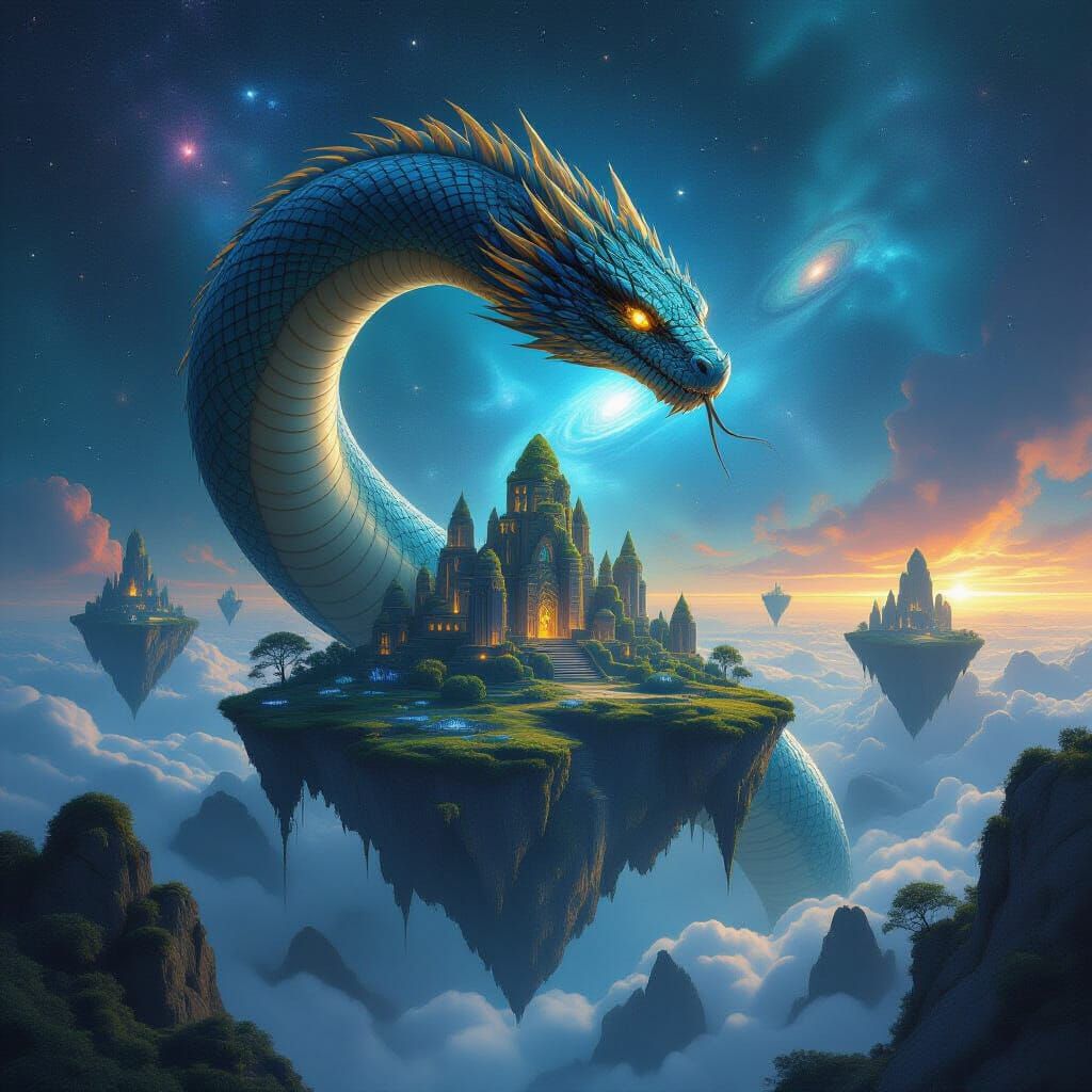 Cosmic Serpent Around Floating Islands in Deep Space