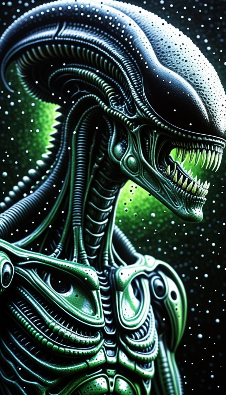 Pointillist Xenomorph Close-Up in Photorealistic Detail