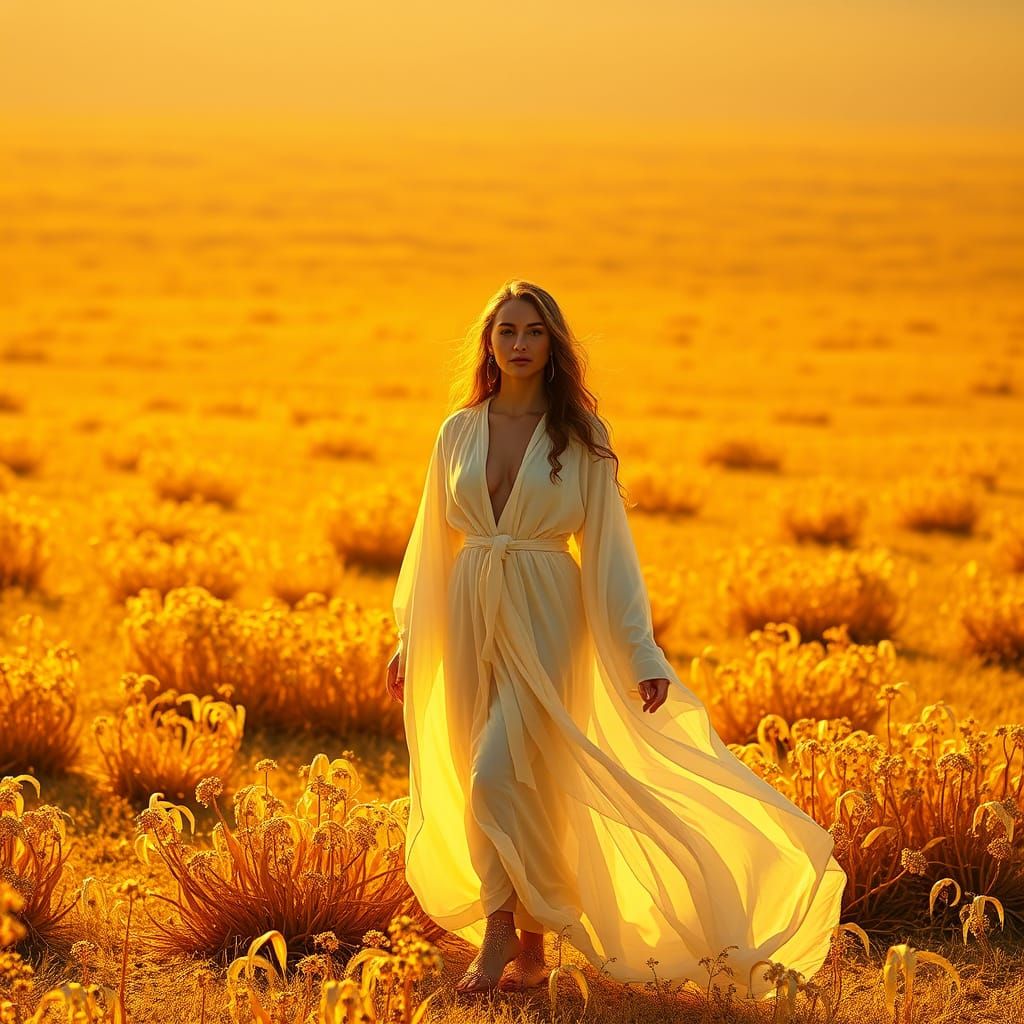 Aurelia, A world of shimmering, golden plains and vast, shallow, crystal-clear seas, experiencing a perpetual golden hou...