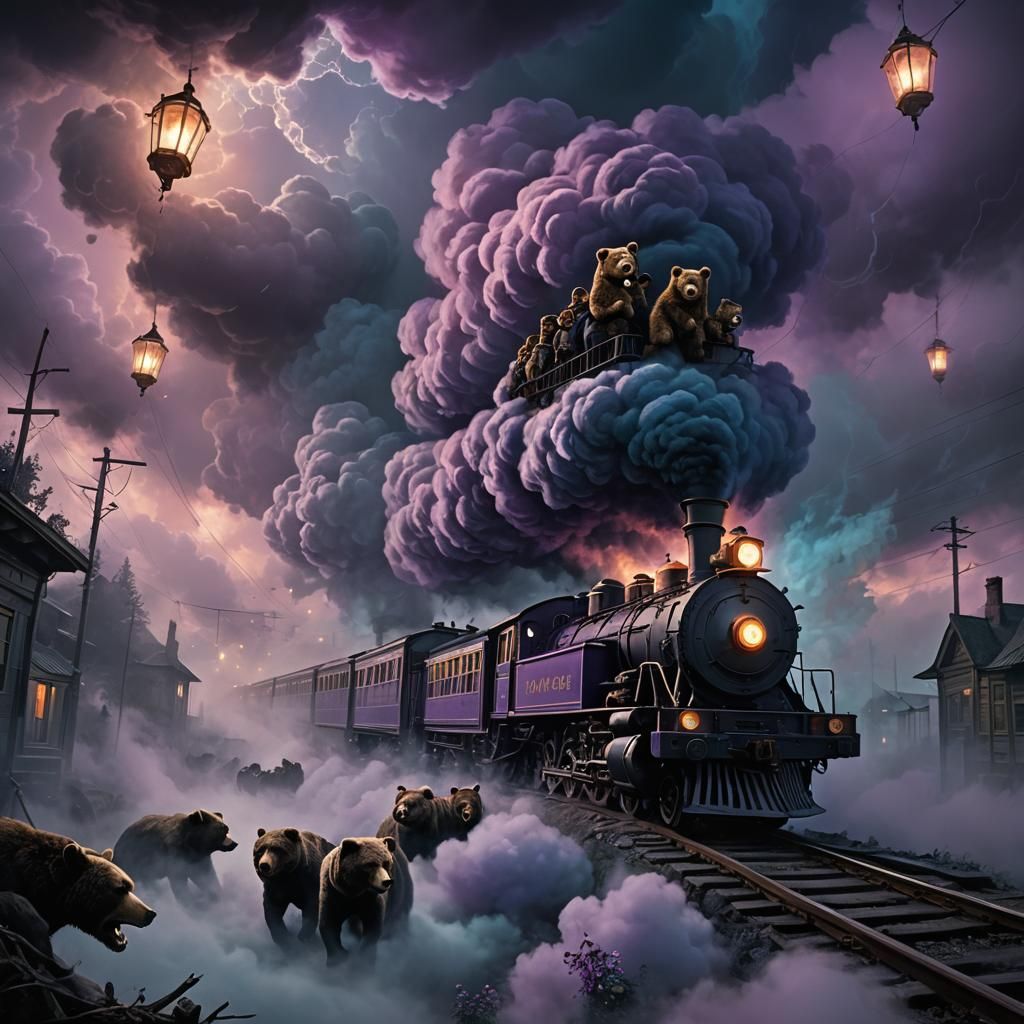 Surreal Bears Party Atop Train in the Clouds