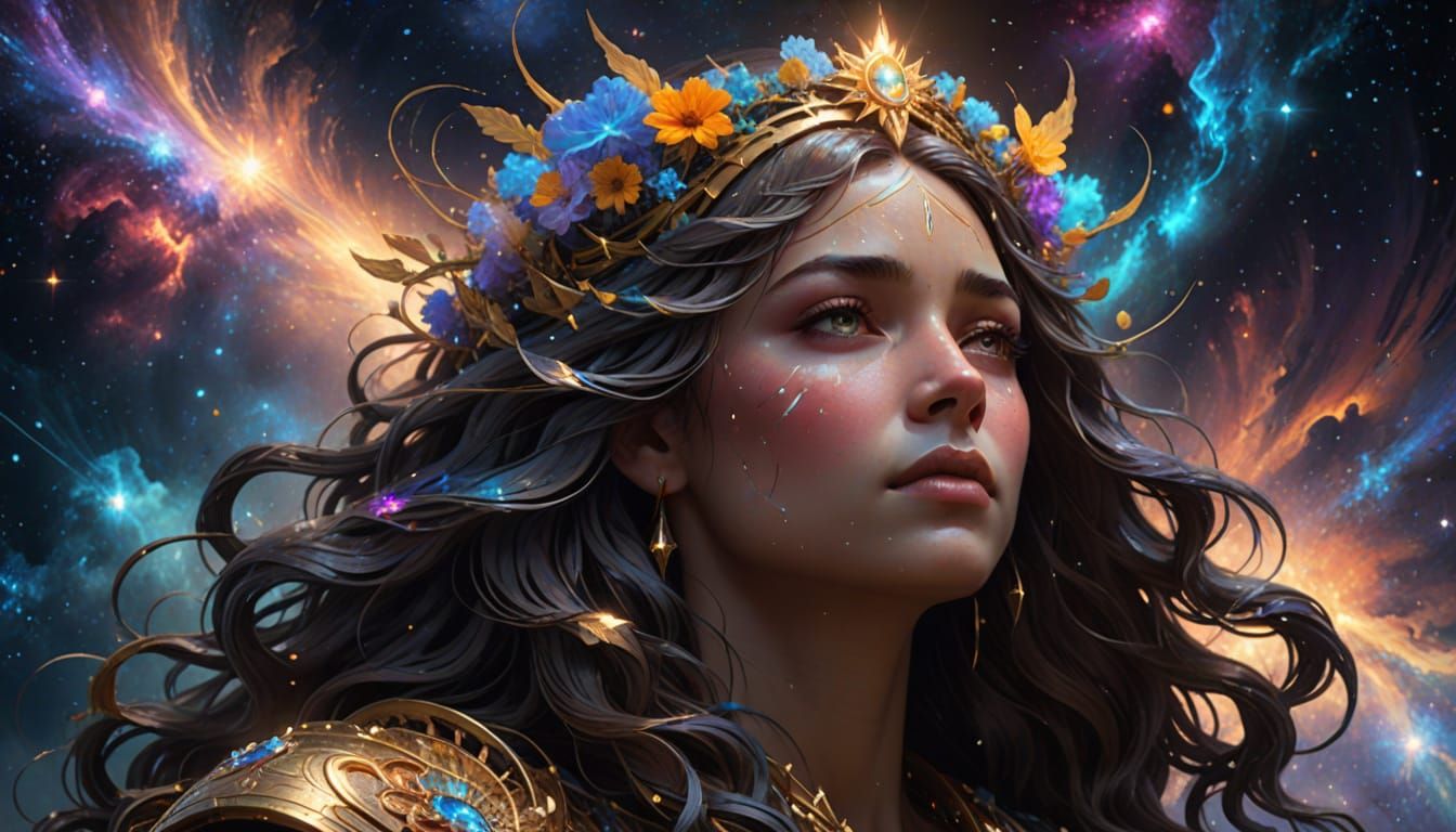 Celestial Goddess Weeping Light in Nebula, Splash Art