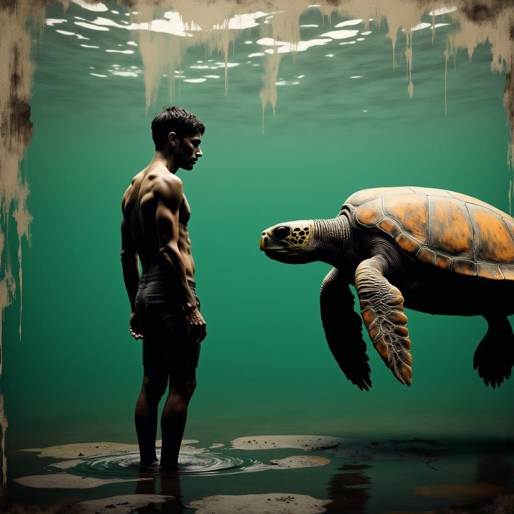 Swimmer and Giant Sea Turtle in Distressed Style