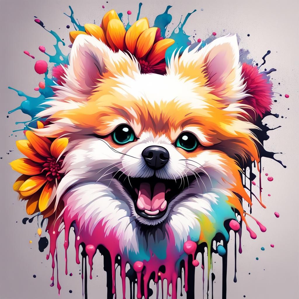 A cheerful white pomeranian with black ears and beautiful eyes holds a bright variegated dahlia in its teeth