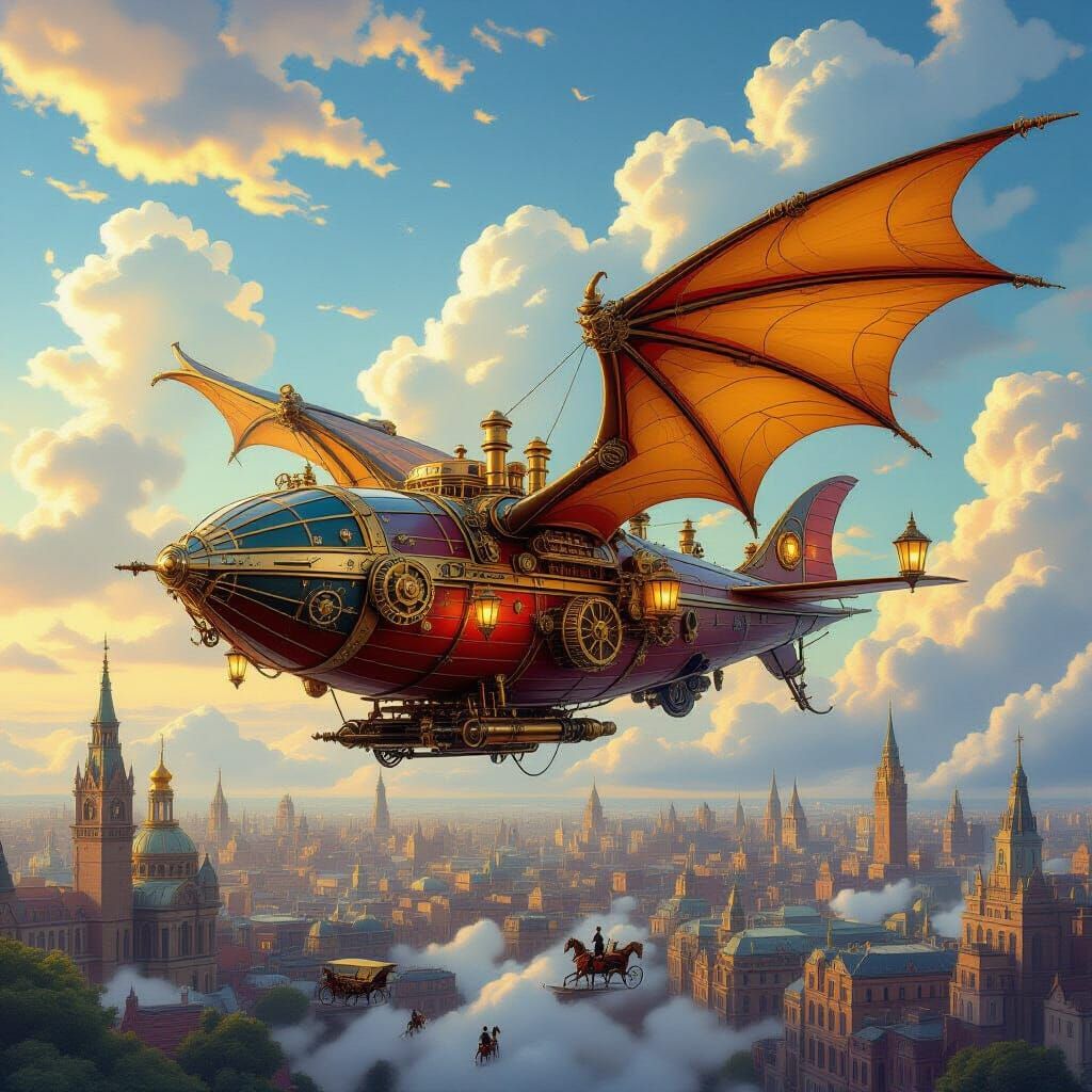 Steampunk Dragon Airship Soaring Over Victorian City