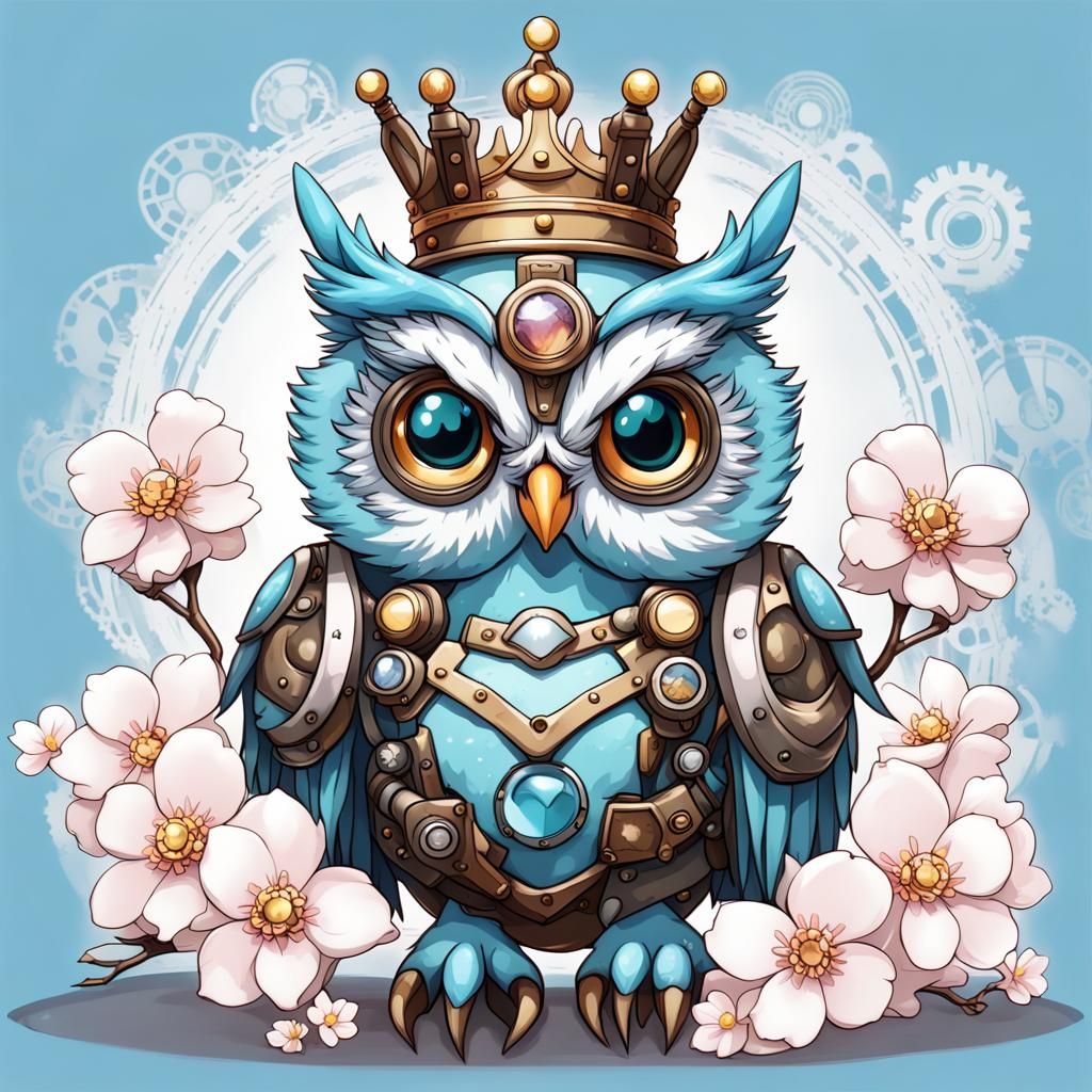 Cute Chibi Owl with Sakura Steampunk Engine