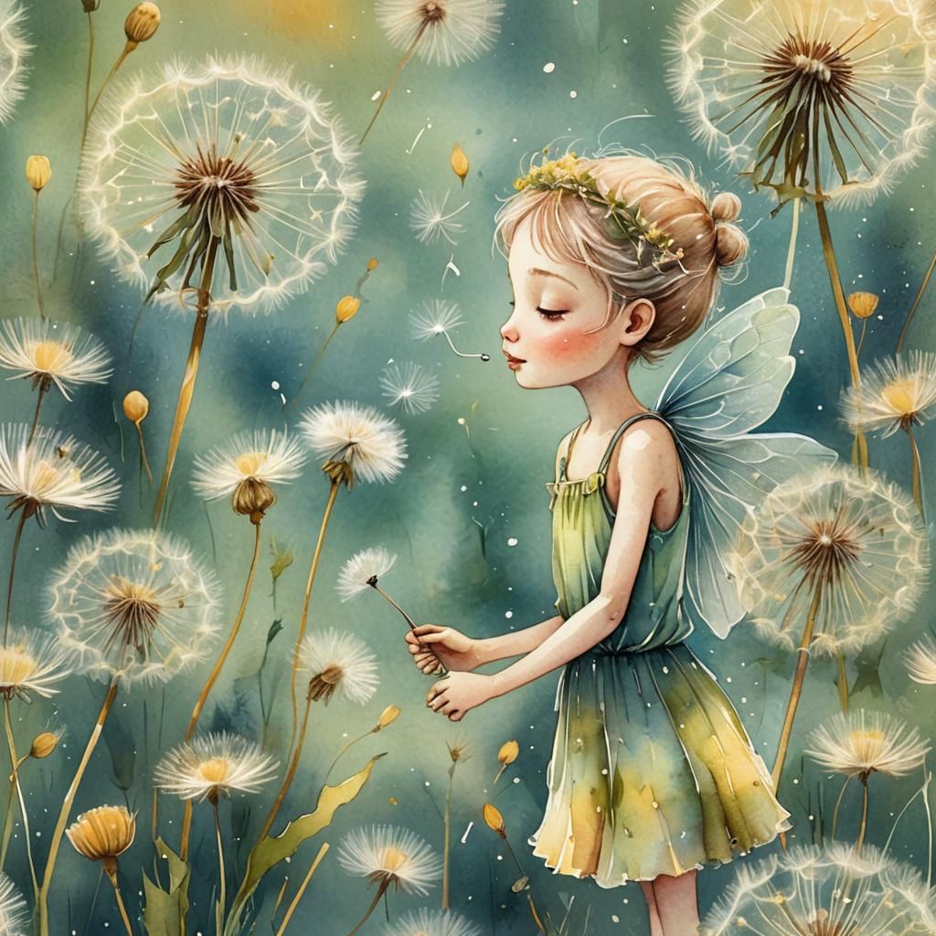 Whimsical Watercolor Fairy Amidst Dandelions