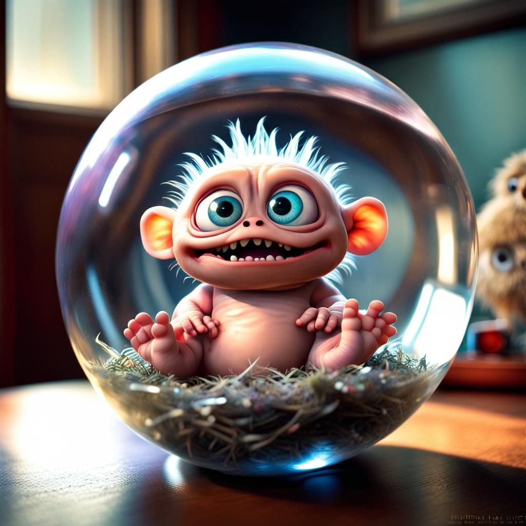 Chibified Baby Trash Monster in Glass Orb: Pixar Style