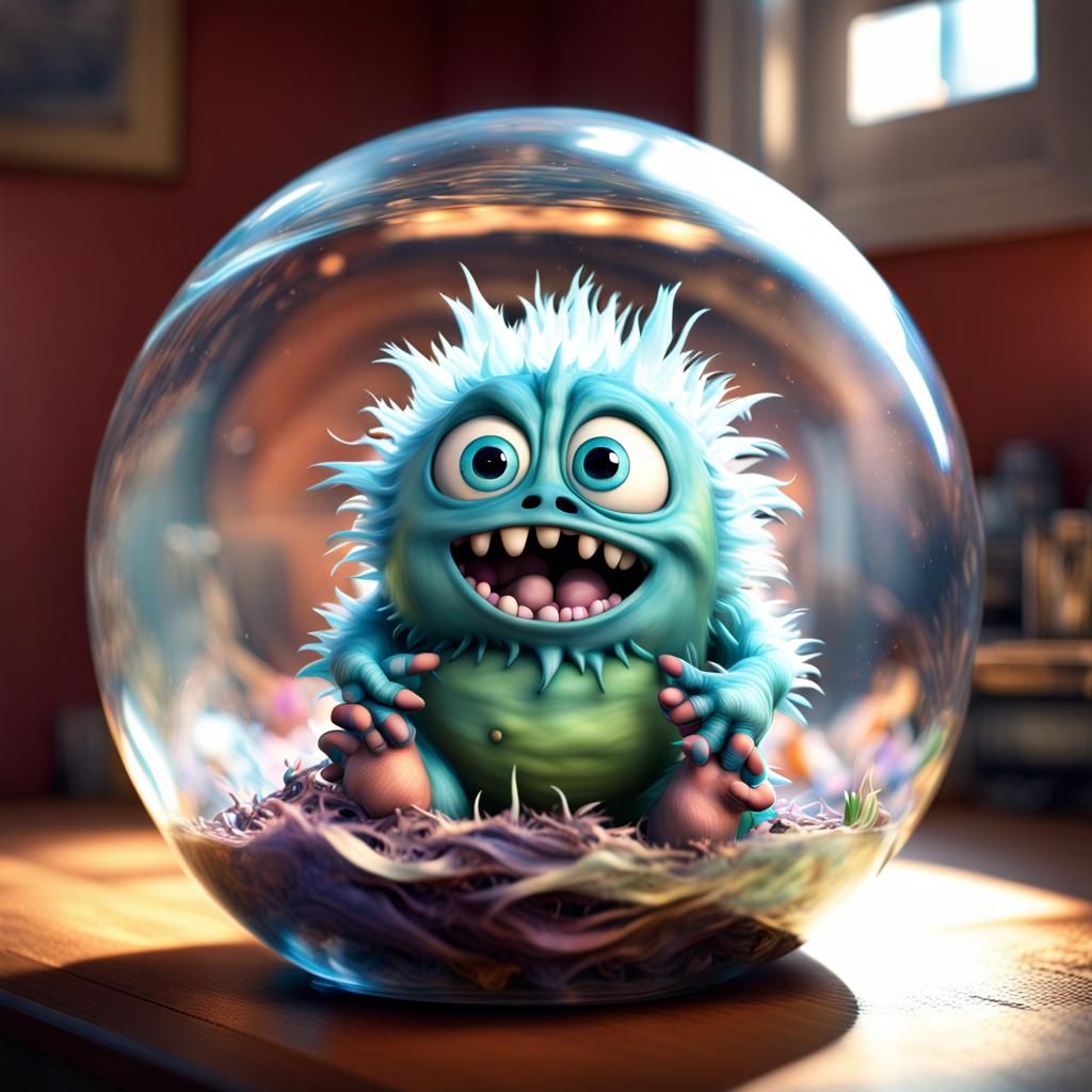 Chibi Trash Monster in Glass Orb, Pixar Style