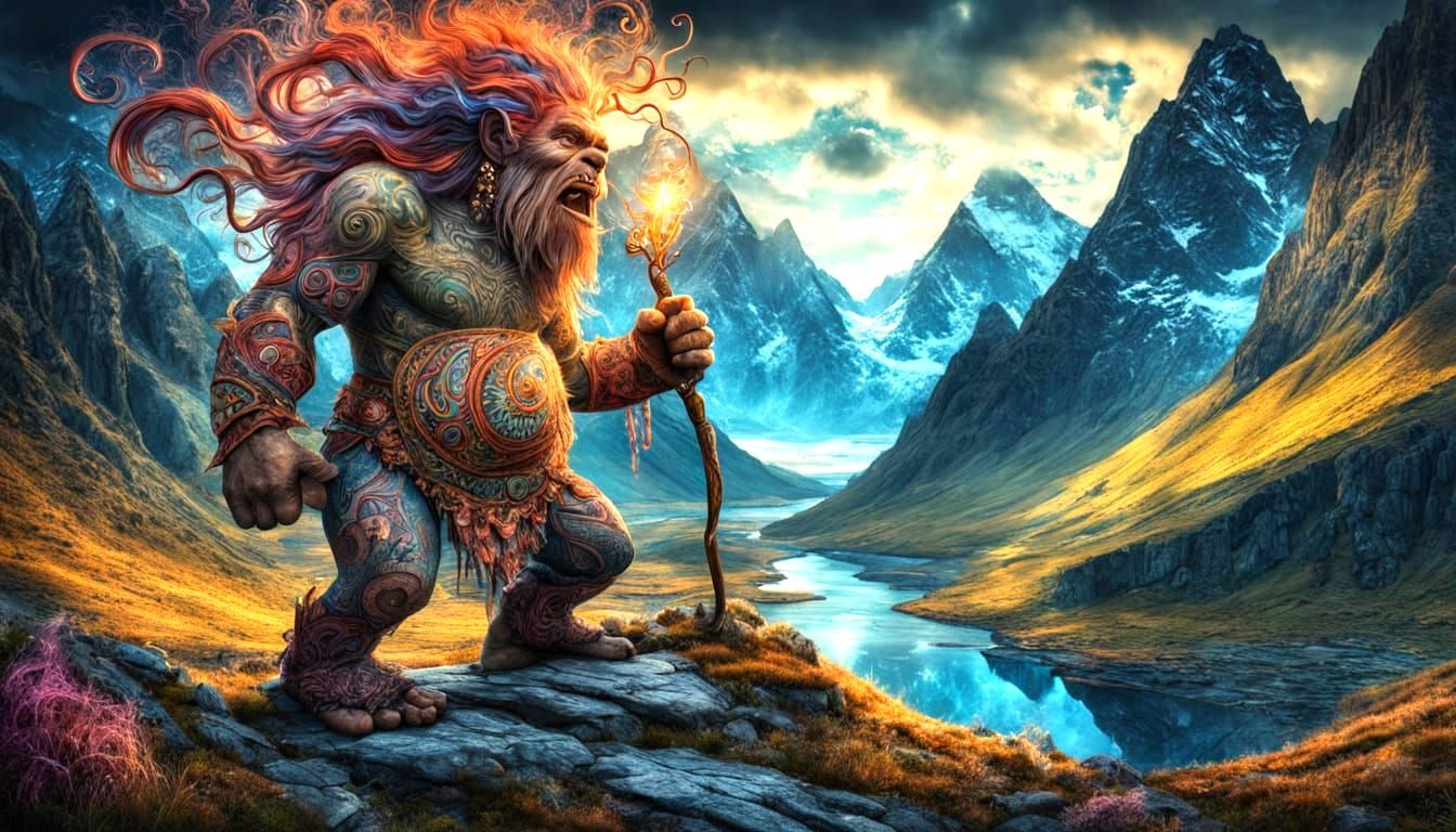 Fractal Troll King in Magical Fjord Landscape