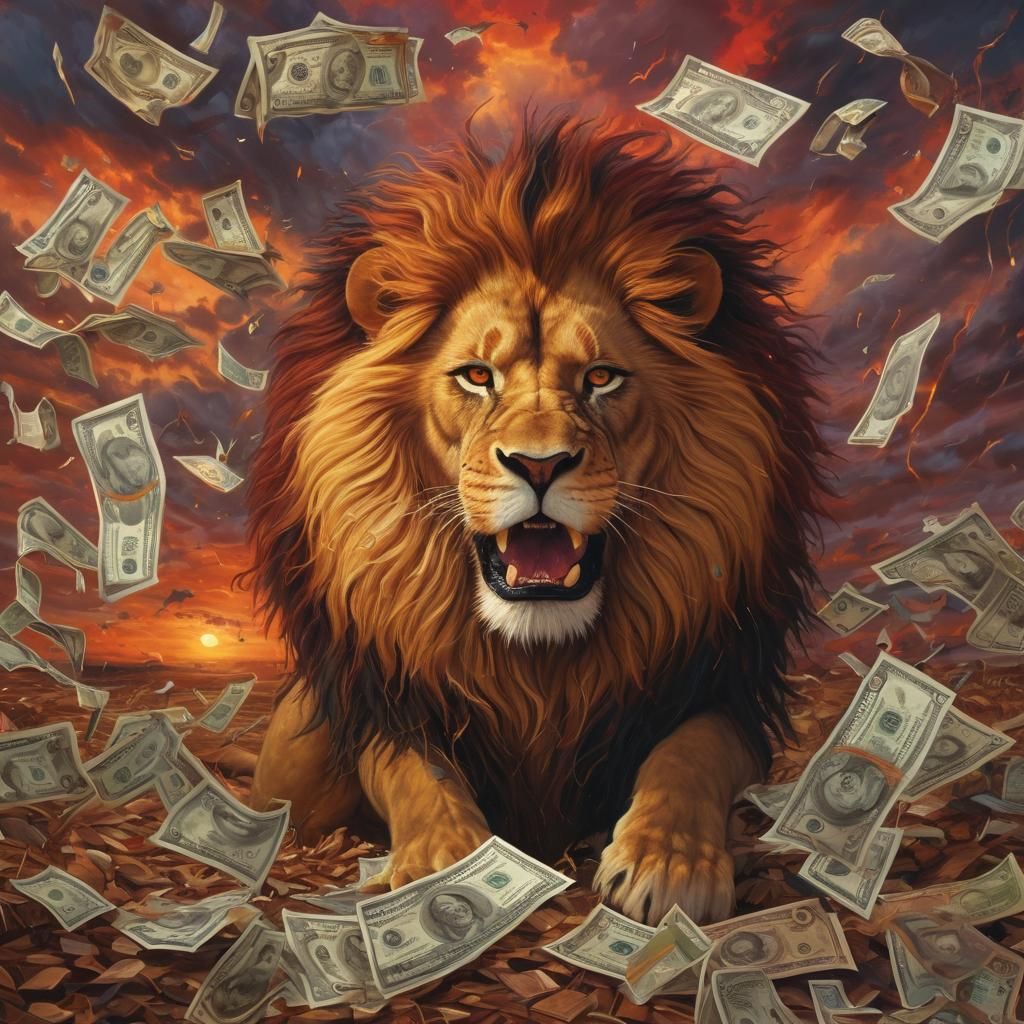 Angry Lion King in Stormy Savannah Oil Painting