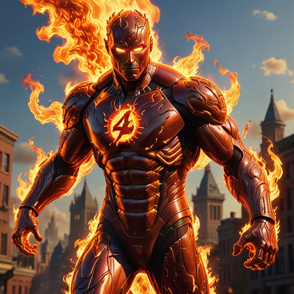 Human Torch Soaring in Flames: Pixar-Style 3D Art