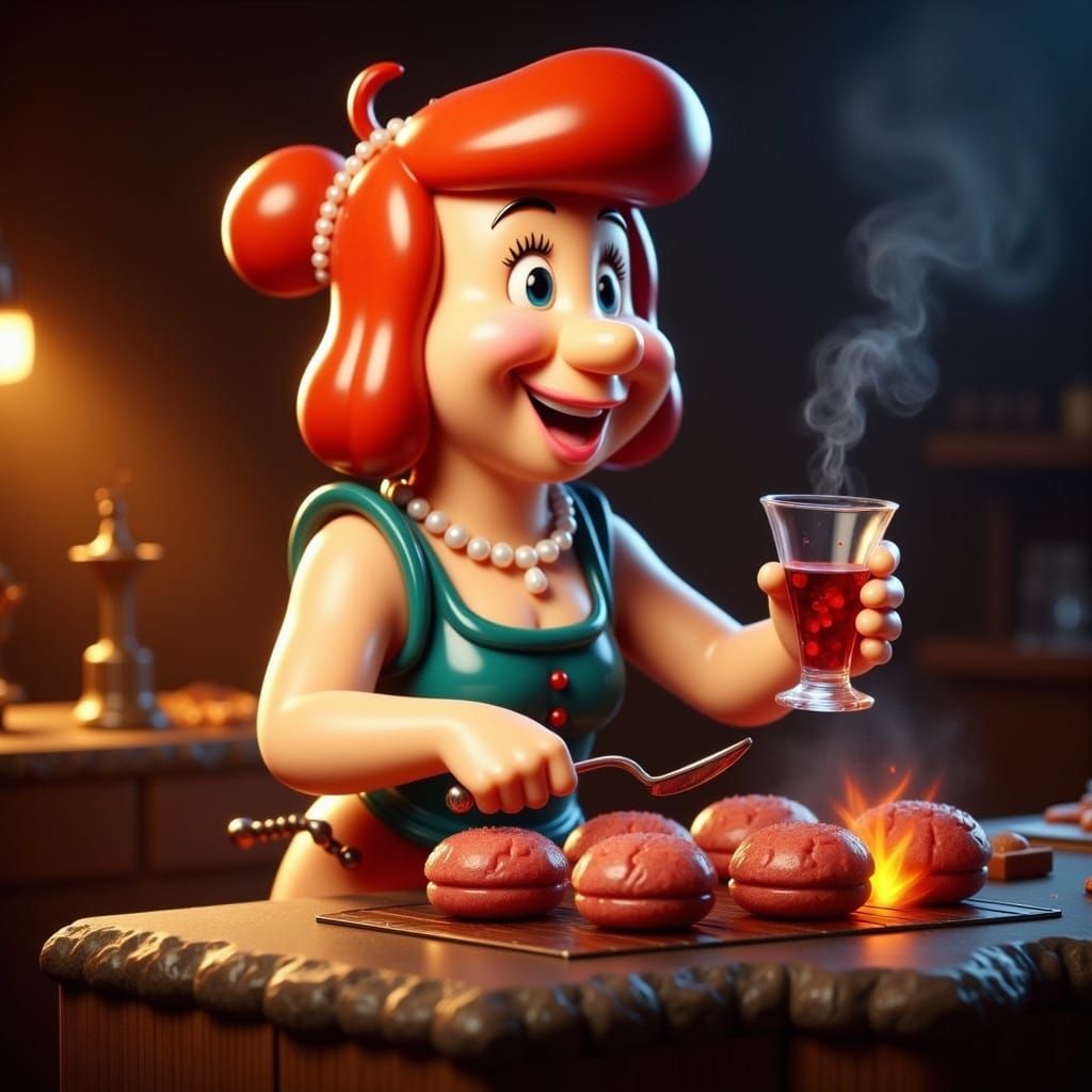 Wilma Flintstone Grills Burgers, Glass-like Render