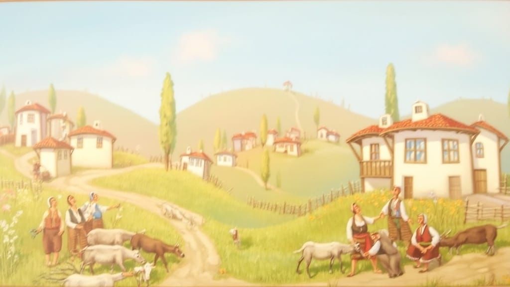 Idyllic Rural Scene with Goats in Naive Art Style