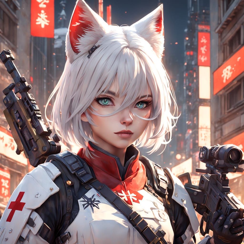 Serene Combat Medic Cat Girl in Hyper-Realistic 3D Anime Sty...