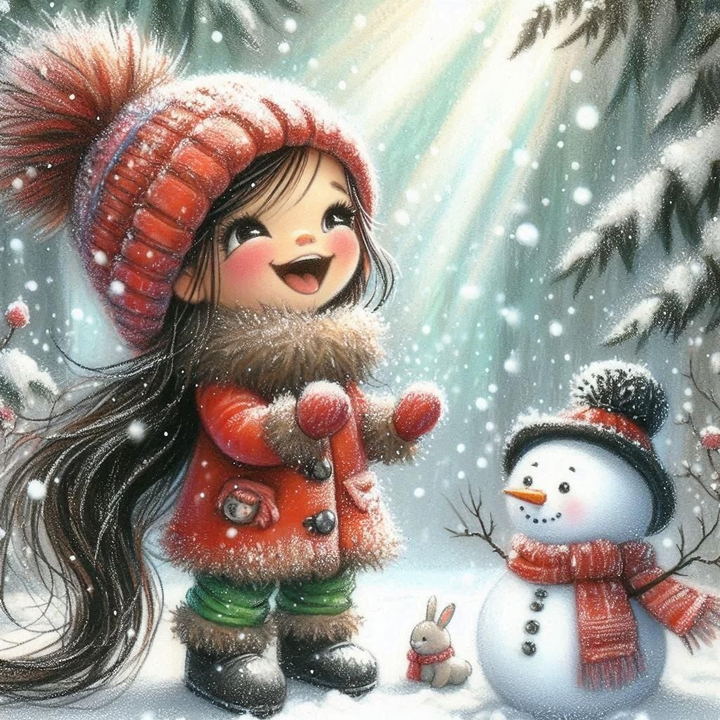 Child's Winter Joy: Pastel Watercolor Snow Scene