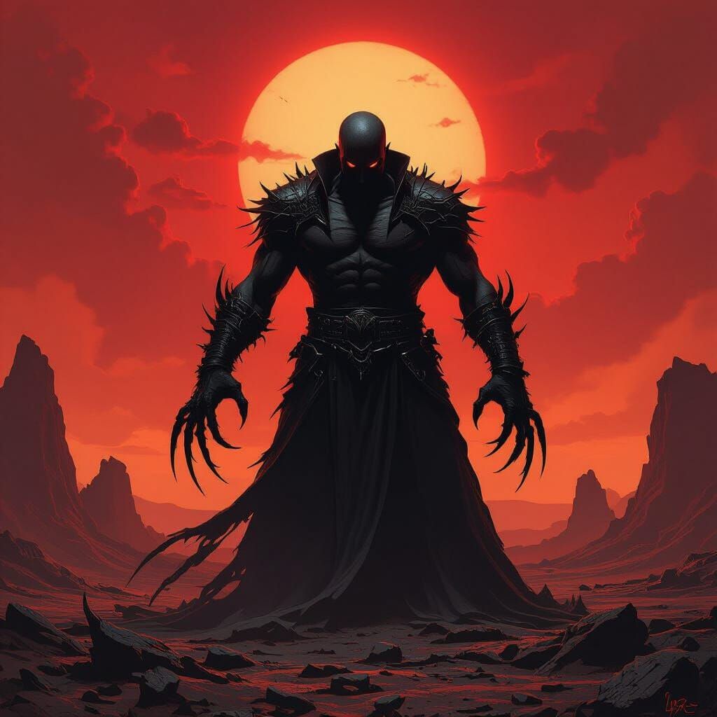 Demonic Man with Sharp Claws Against Red Sky