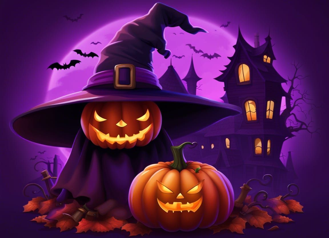 Halloween Pumpkin in Witch Hat with Haunted House