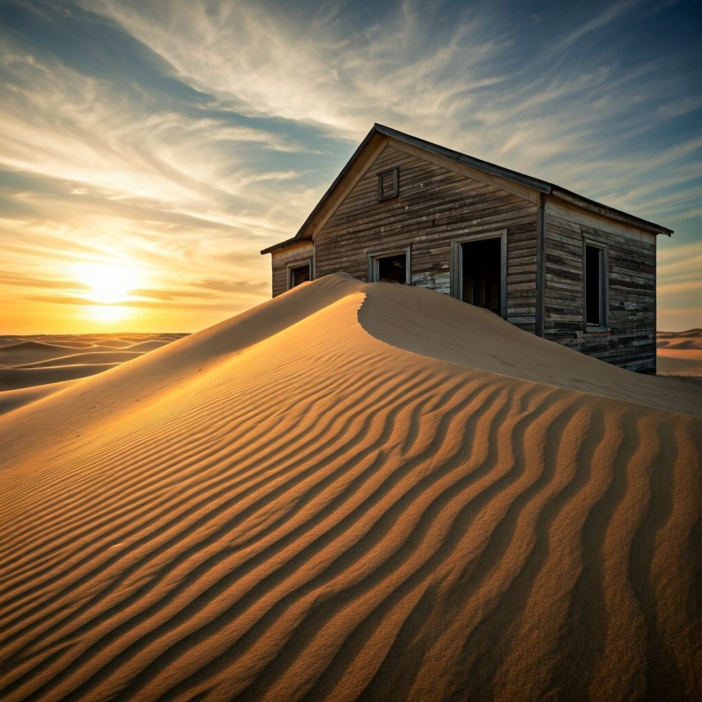 Desert Overtakes Abandoned House at Sunset
