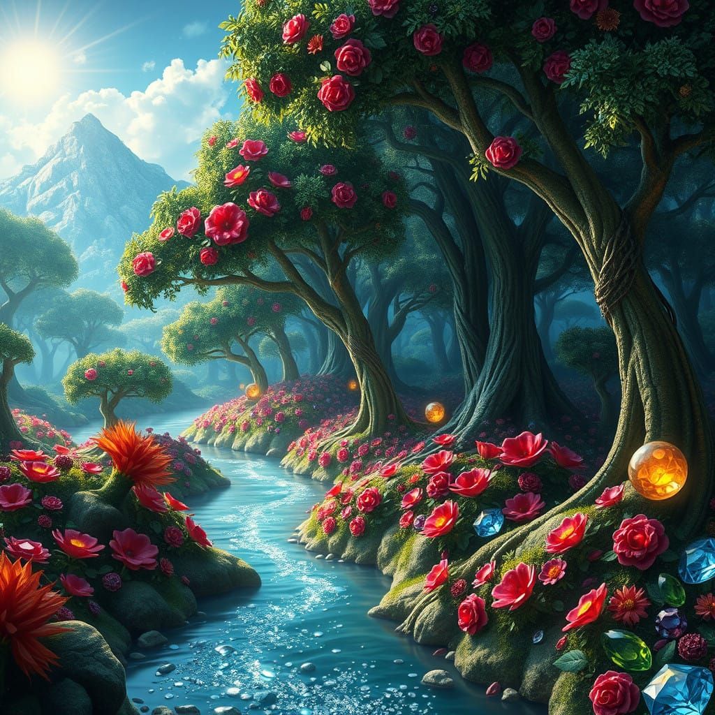 Sapphire and Ruby Jewel Florals in Emerald Forest with Diamo...