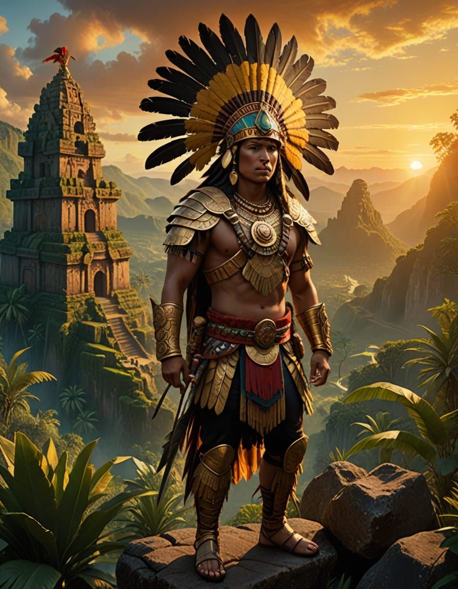 Inca Warrior on Ziggurat in Golden Light