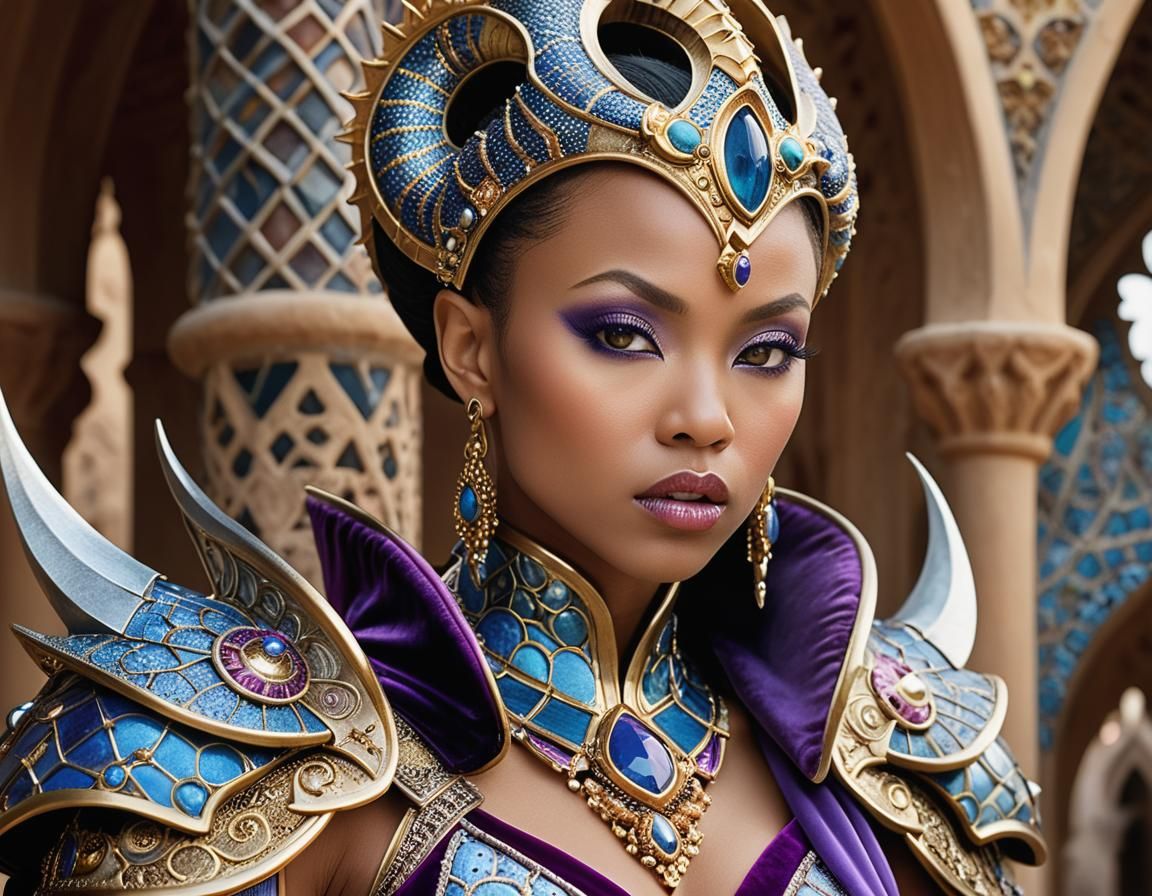 Blasian Woman in Ornate Armor, Professional Portrait