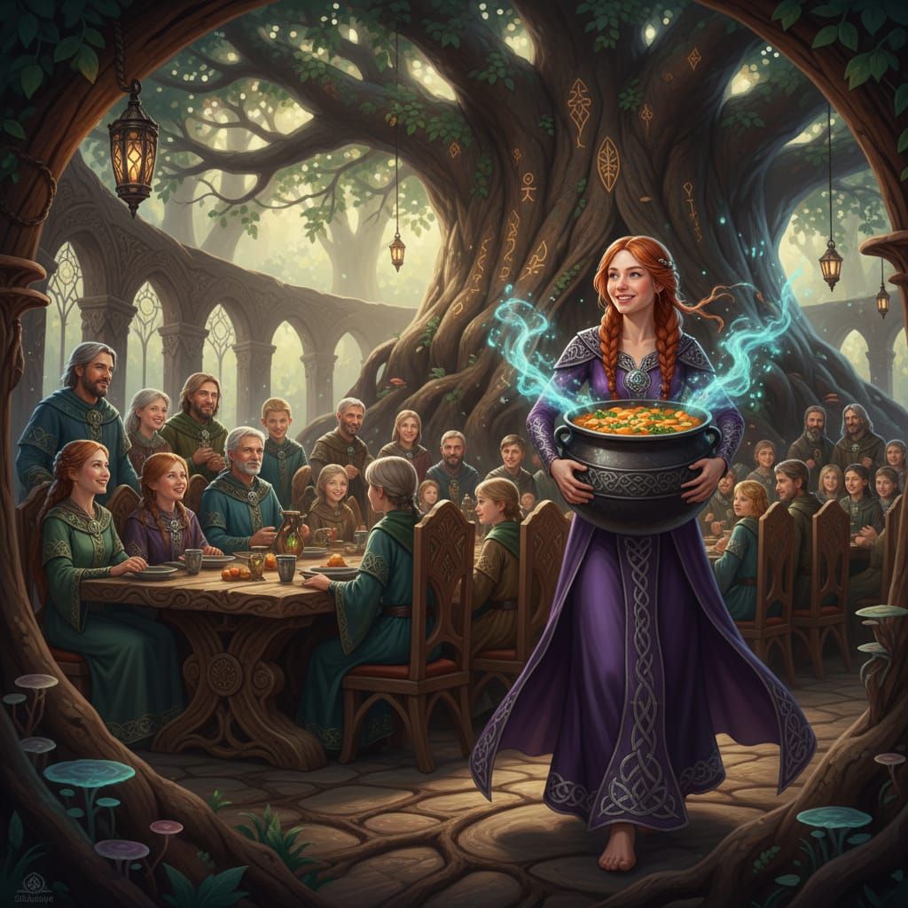 Witch Serves Soup in Giant Tree Dining Room
