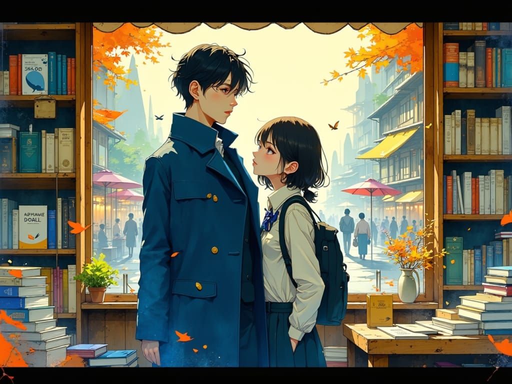 Pastel Anime-Style Oppa and Woman in Quaint Bookstore