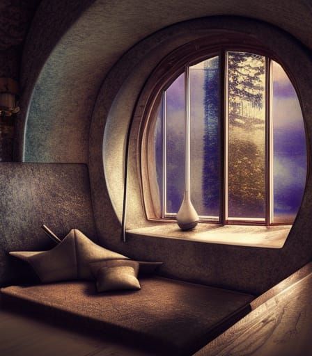 Cozy Room with Round Window in Volumetric Lighting