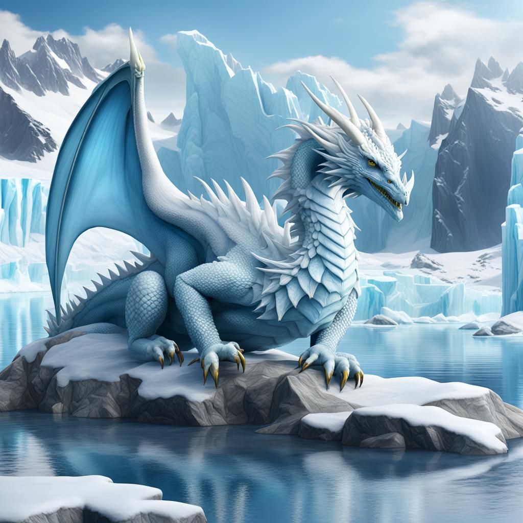 Icy Dragon in Frozen Lake with Penguins
