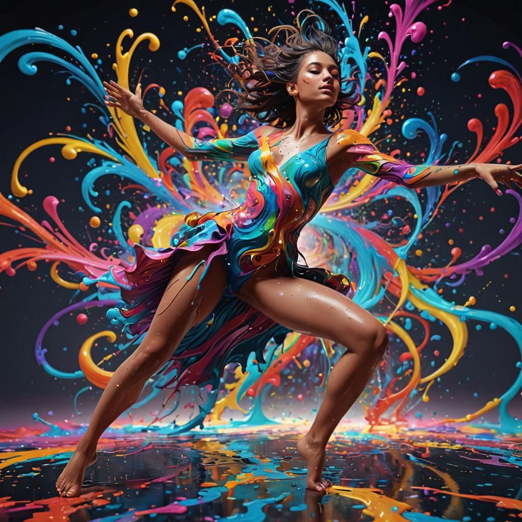 Surreal Neon Dancing Woman in Fractal Vector Swirls