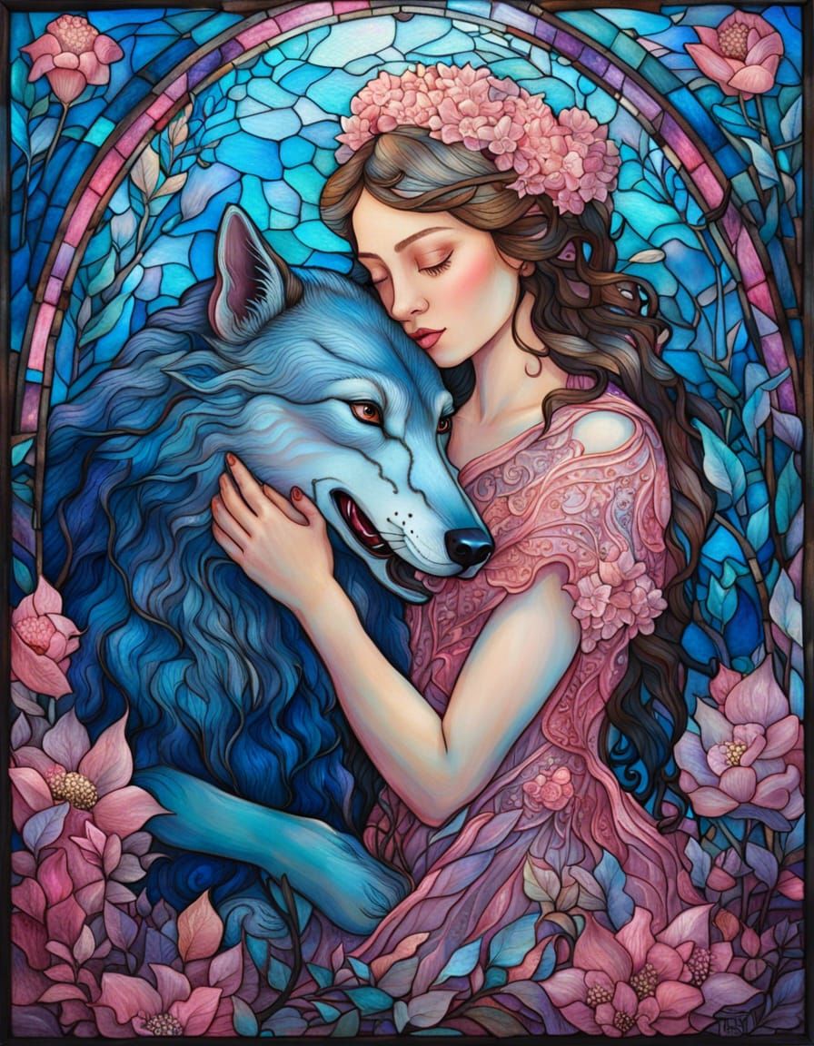 Crystalline Portrait: Princess and Wolf in Flower Forest