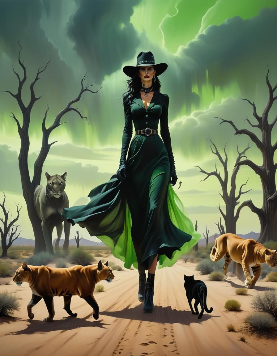 Desert scene, beautiful stunning Gothic cowgirl walking in f...