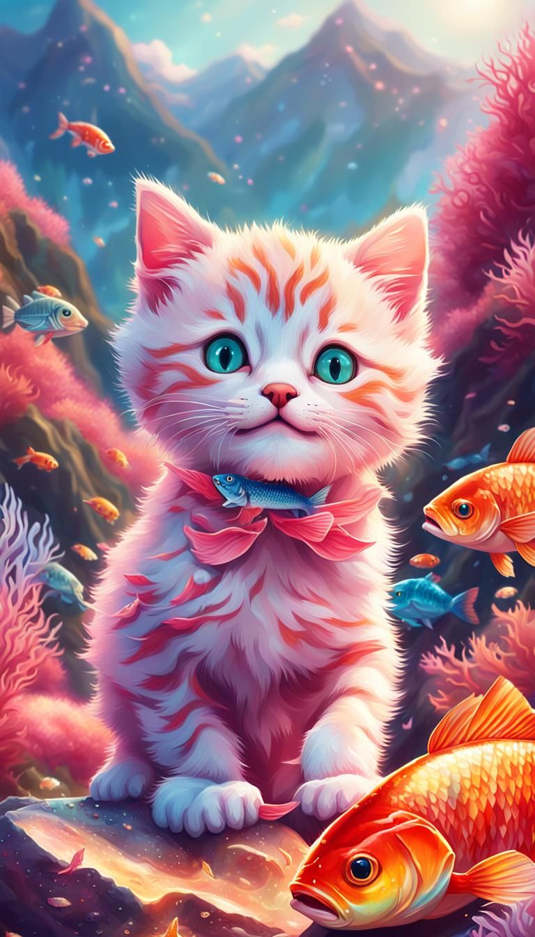 Happy Pink Kitten on Mountain of Fish