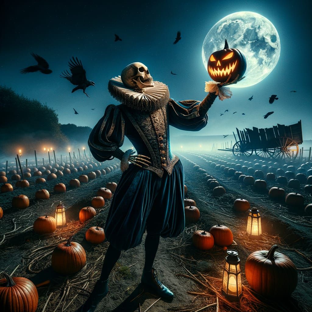 Shakespearean Skeleton in Pumpkin Field Under Blue Moon