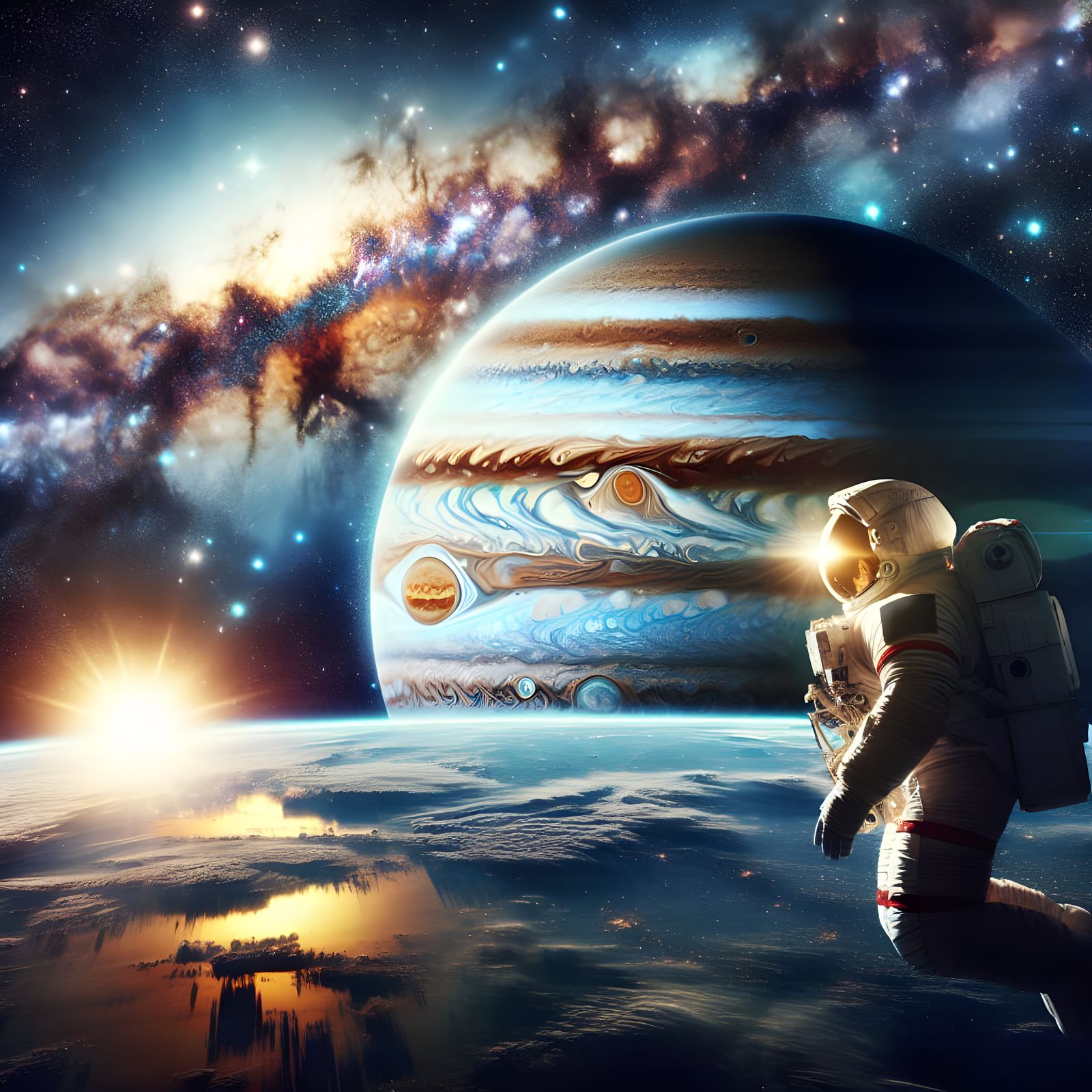 Cosmic Panorama: Jupiter-Like Planet at Sunrise with Astrona...