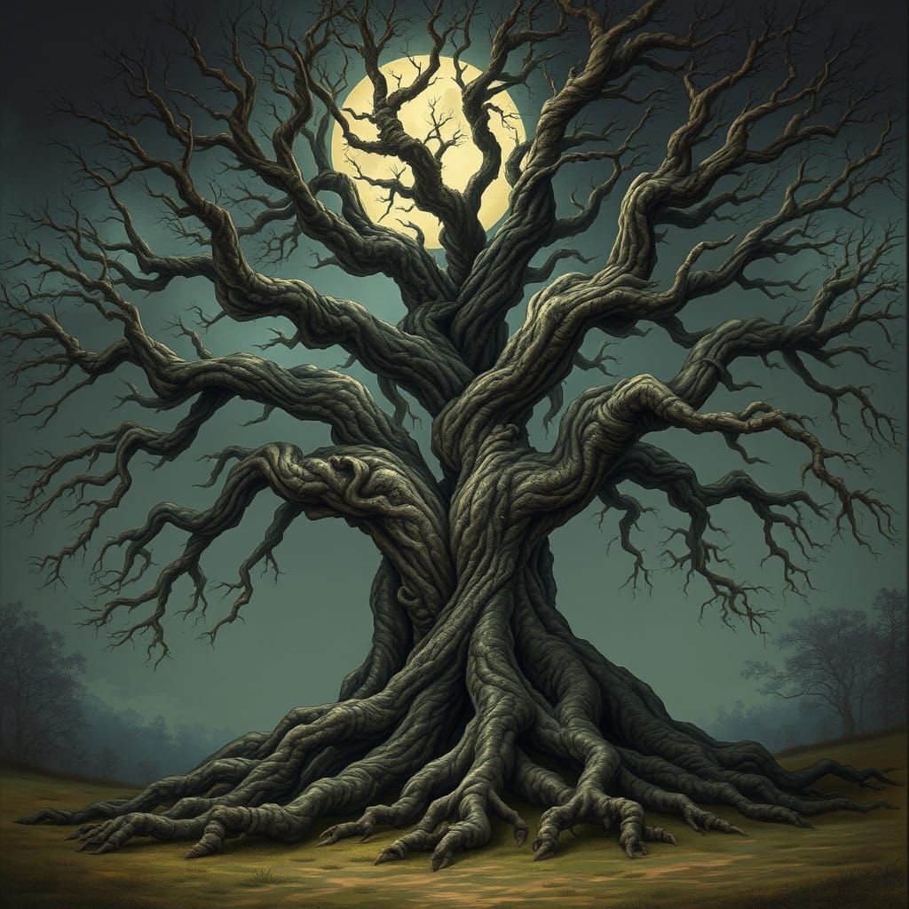 Mystical Roothall Tree in Moonlit Clearing