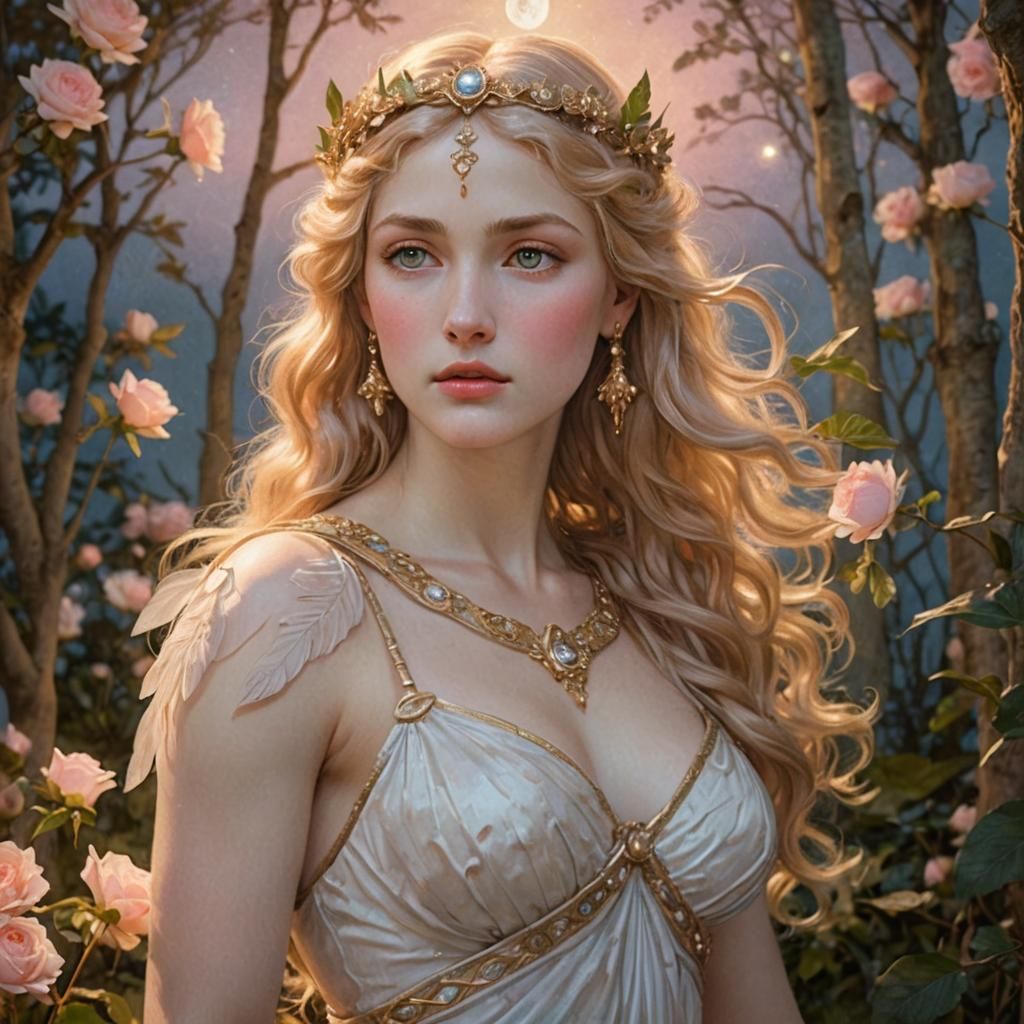 Aphrodite in Moonlit Garden as Waterhouse-inspired Art