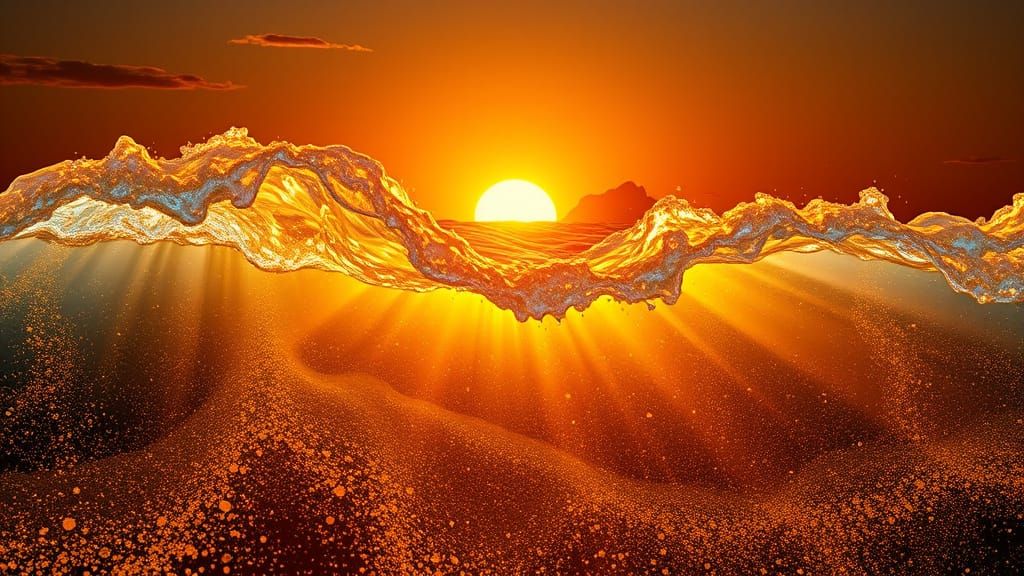 Bioluminescent Fractal Waves Crash on Golden Sand at Sunset
