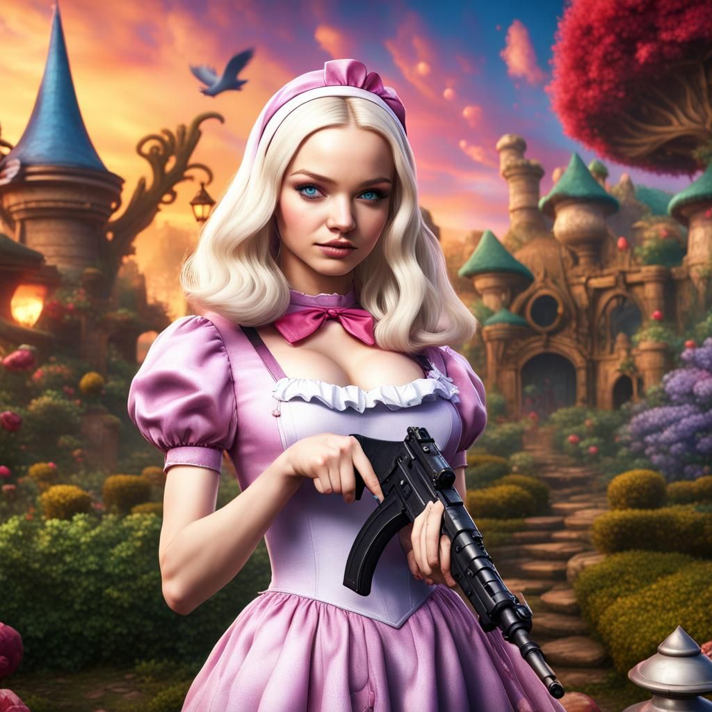 Alice in wonderland with ak47 in Poster of fighting videogame