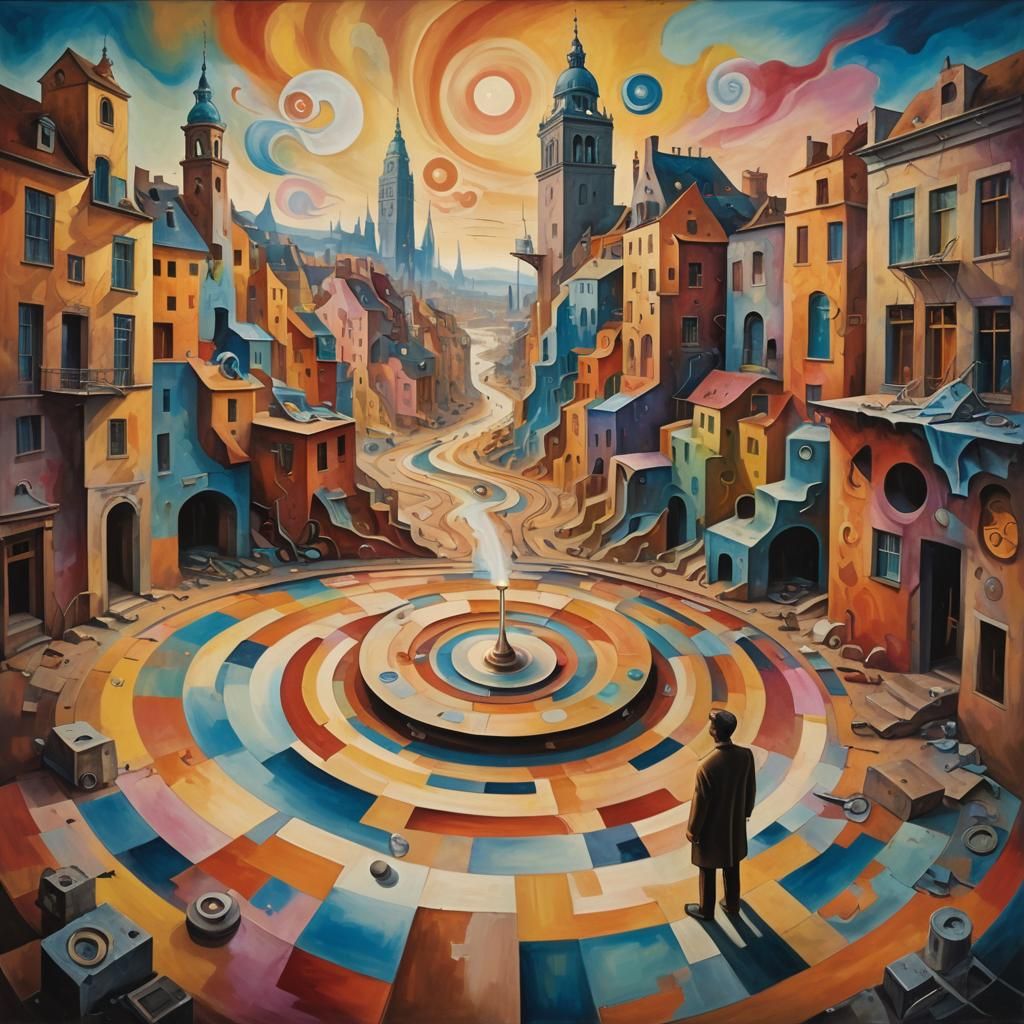 Surreal Dreamlike Cityscape in Oil Painting Style
