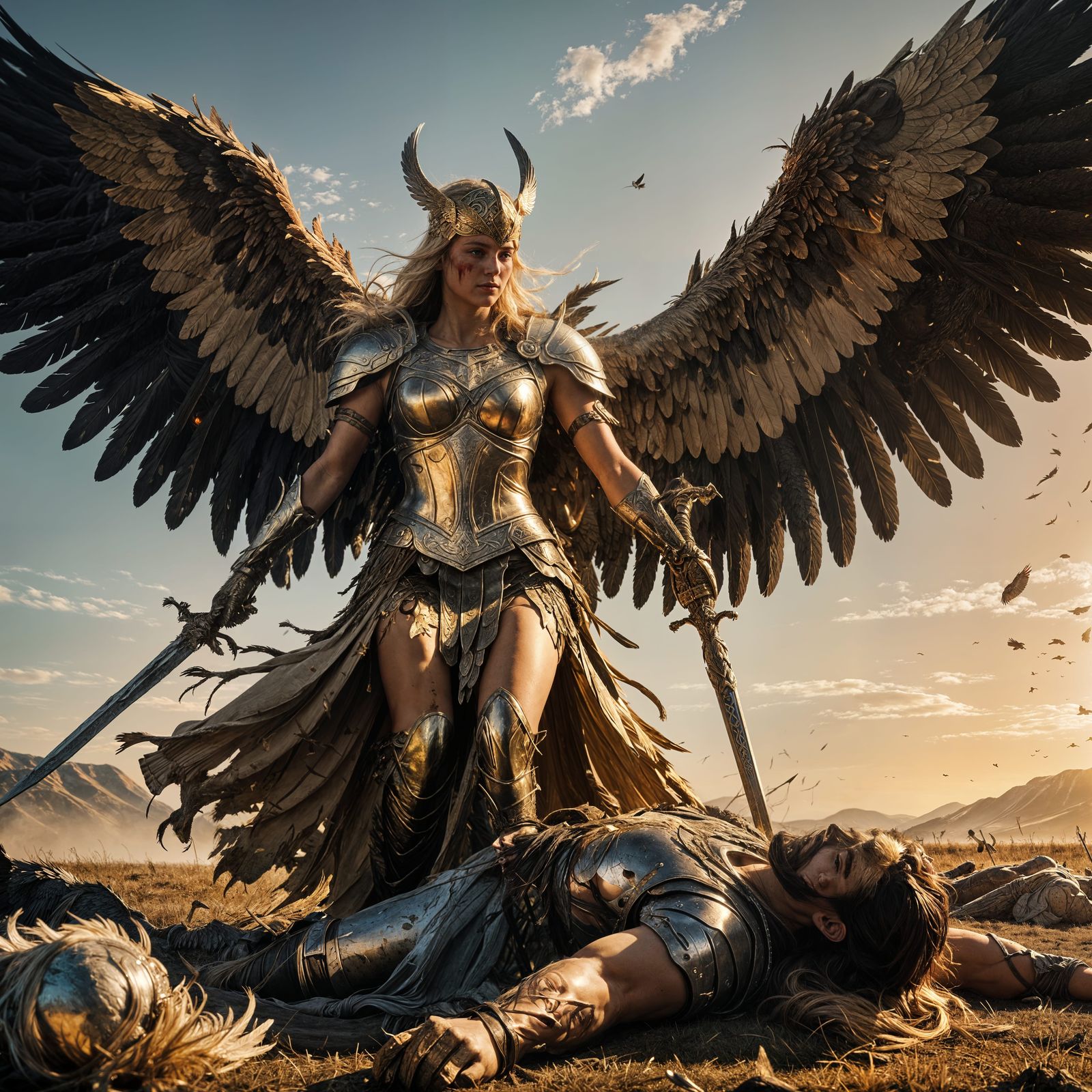 Valkyrie Ascends From Battlefield in Golden Hour