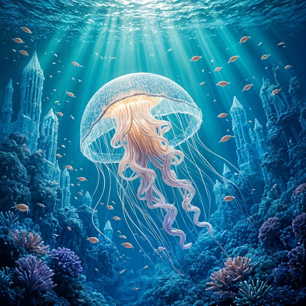 Bioluminescent Jellyfish in Crystal Underwater City