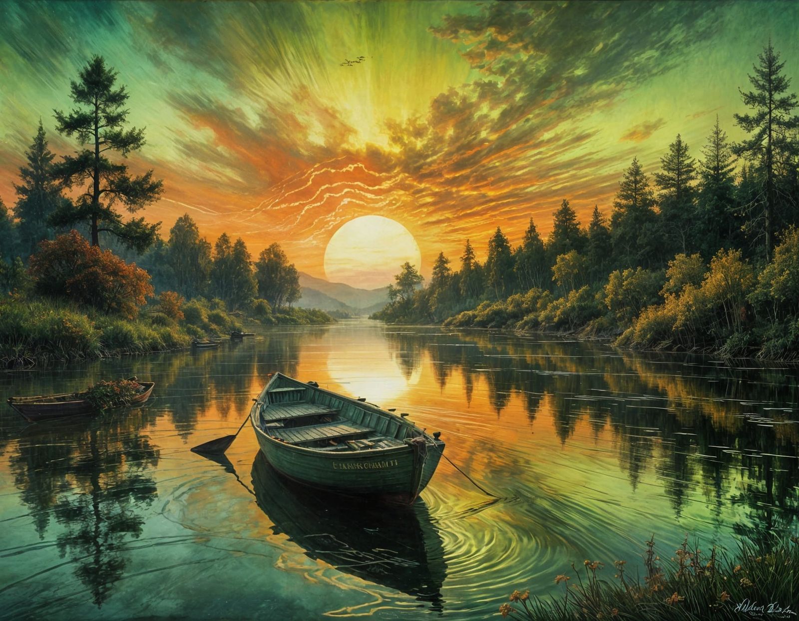 Neon Sunset Over Lake: Encaustic Painting